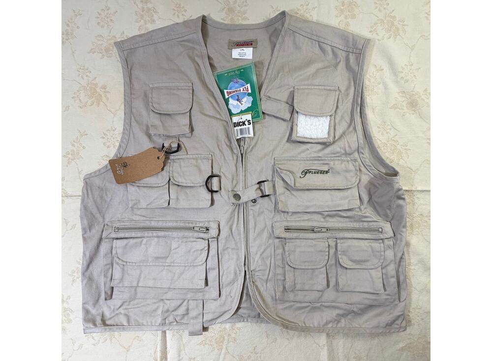 Pflueger Fly Fishing Vest Men L/XL Tan Cotton Multi Pocket Utility NWT
